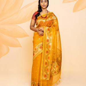 Mustard Handloom Organza Silk Saree With Broken Stripes-Mustard