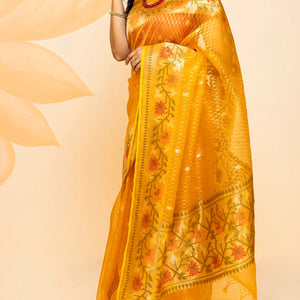 Mustard Handloom Organza Silk Saree With Broken Stripes-Mustard