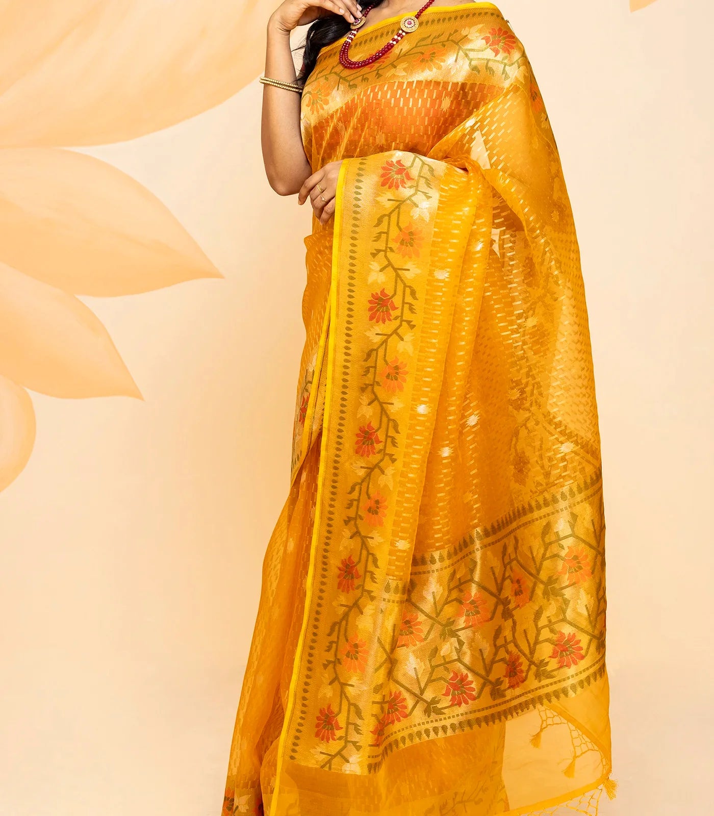 Mustard Handloom Organza Silk Saree With Broken Stripes-Mustard