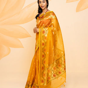 Mustard Handloom Organza Silk Saree With Broken Stripes-Mustard