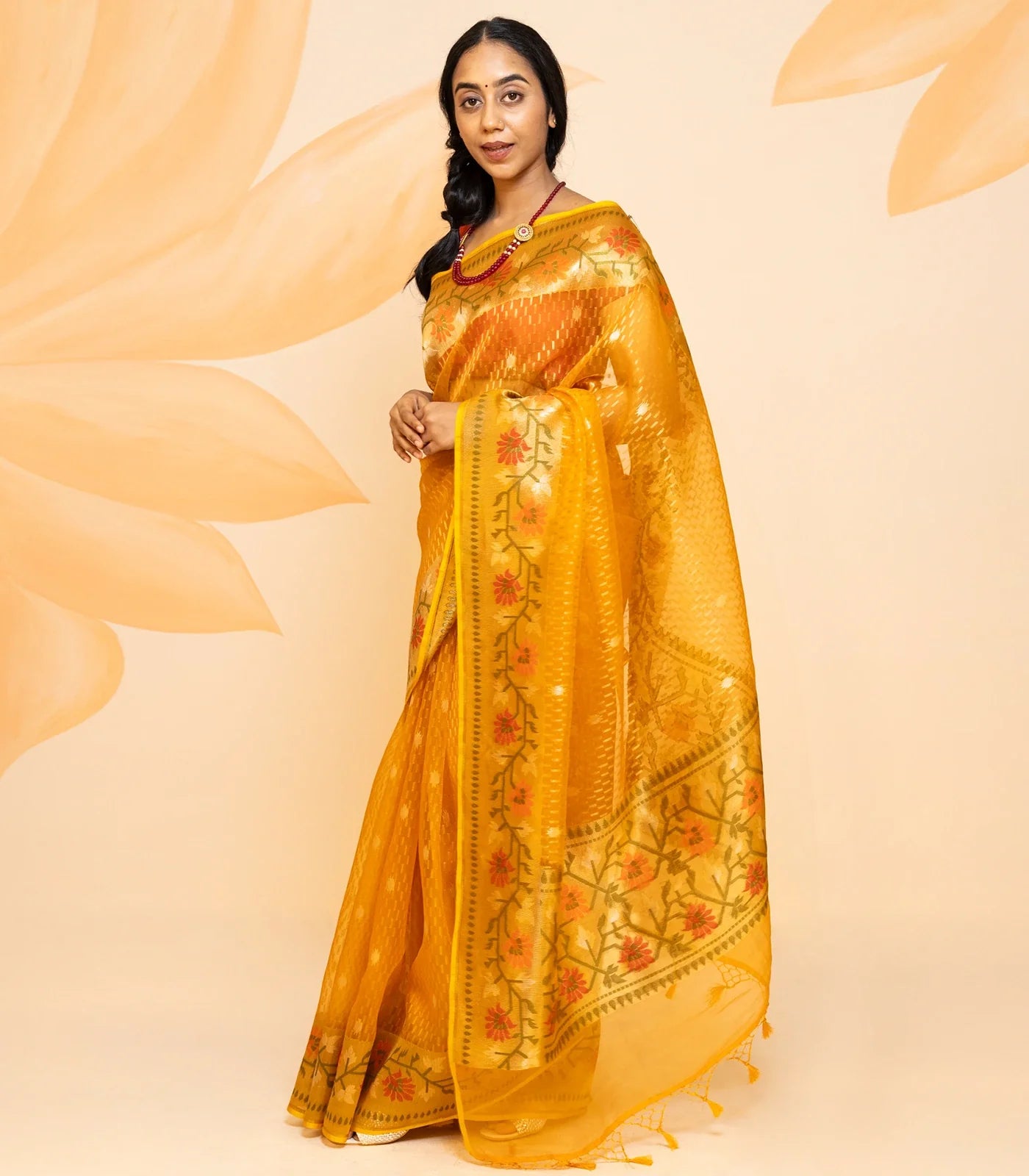Mustard Handloom Organza Silk Saree With Broken Stripes-Mustard