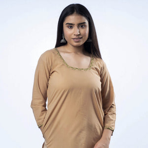 Brown - Hand Embroidered Khaki Cotton Long Straight Kurta