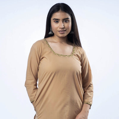 Brown - Hand Embroidered Khaki Cotton Long Straight Kurta