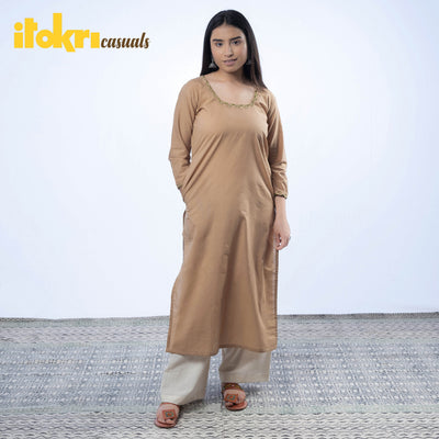 Brown - Hand Embroidered Khaki Cotton Long Straight Kurta