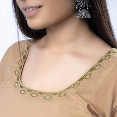 Brown - Hand Embroidered Khaki Cotton Long Straight Kurta