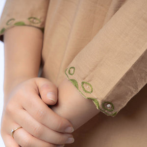 Brown - Hand Embroidered Khaki Cotton Long Straight Kurta