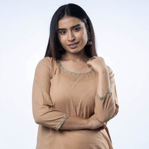 Brown - Hand Embroidered Khaki Cotton Long Straight Kurta