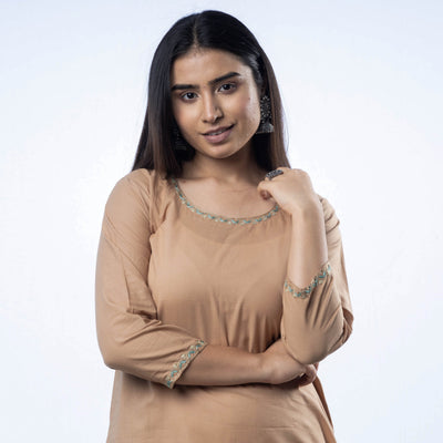 Brown - Hand Embroidered Khaki Cotton Long Straight Kurta