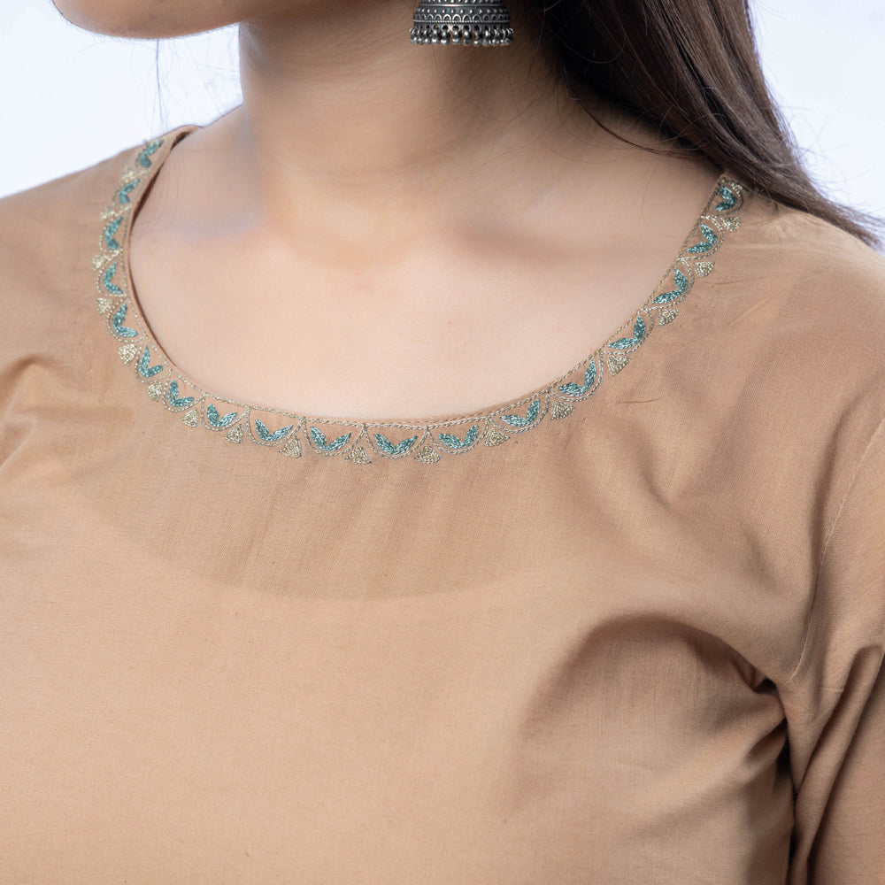Brown - Hand Embroidered Khaki Cotton Long Straight Kurta
