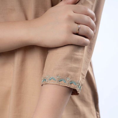 Brown - Hand Embroidered Khaki Cotton Long Straight Kurta
