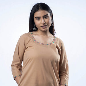 Brown - Hand Embroidered Khaki Cotton Long Straight Kurta