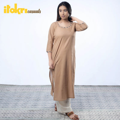 Brown - Hand Embroidered Khaki Cotton Long Straight Kurta