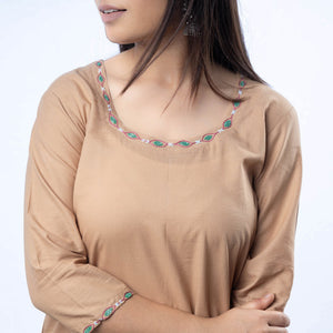 Brown - Hand Embroidered Khaki Cotton Long Straight Kurta