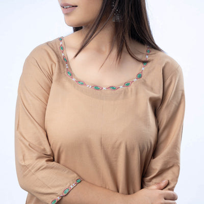 Brown - Hand Embroidered Khaki Cotton Long Straight Kurta