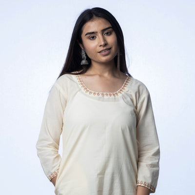 Beige - iTokri Casuals - Hand Embroidered Cream Cotton Long Kurta