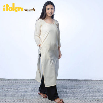 Beige - iTokri Casuals - Hand Embroidered Cream Cotton Long Kurta