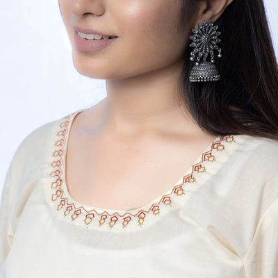 Beige - iTokri Casuals - Hand Embroidered Cream Cotton Long Kurta