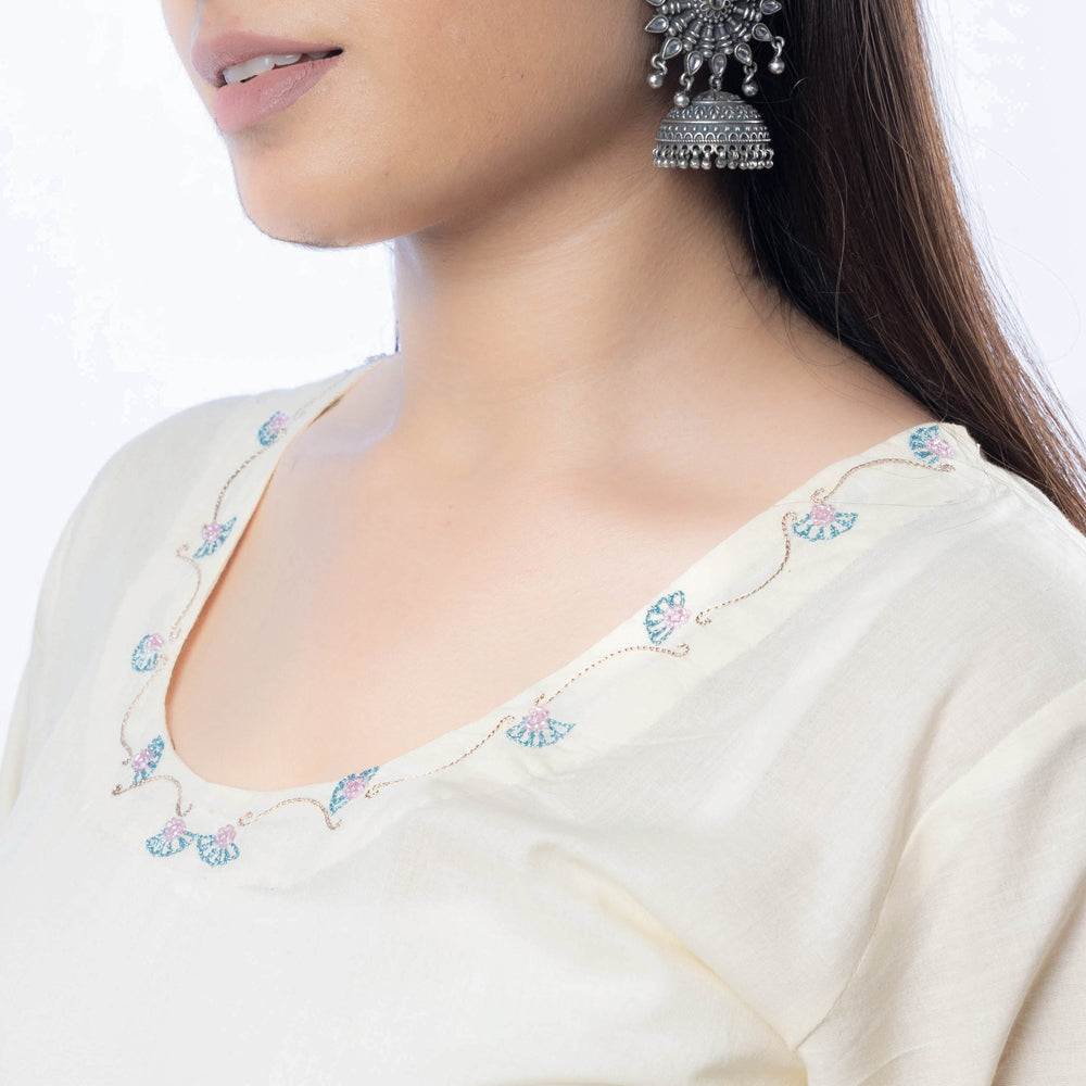 Beige - Hand Embroidered Cotton Long Straight Kurta