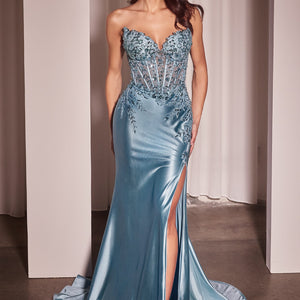 Applique Satin Strapless Slit Gown by Ladivine KV1112