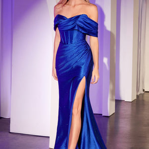 Glitter Satin Off Shoulder Slit Gown by Ladivine KV1115