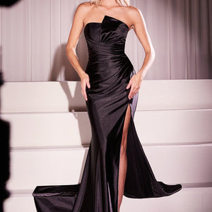 Satin Fitted Strapless Slit Gown by Ladivine KV1118