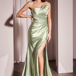 Satin Fitted Strapless Slit Gown by Ladivine KV1118
