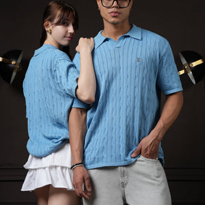 Pristine Cable Knit Polo -  Cornflower Blue