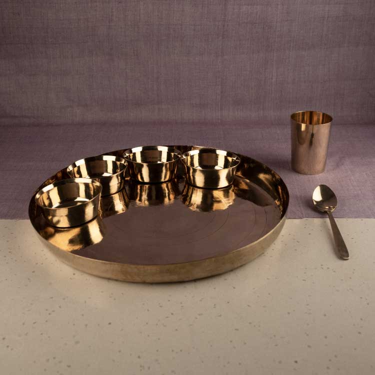 Kansa Dinner Thaali Set (Thaali -13.5") - 8 pieces set (1 pc Thaali, 5 pieces bowls, 1 pc glass, 1 pc spoon)