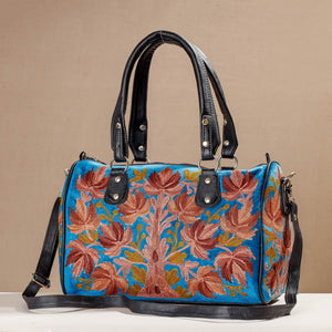 Blue - Crewel Hand Embroidery Leather & Velvet Hand Bag