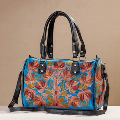 Blue - Crewel Hand Embroidery Leather & Velvet Hand Bag