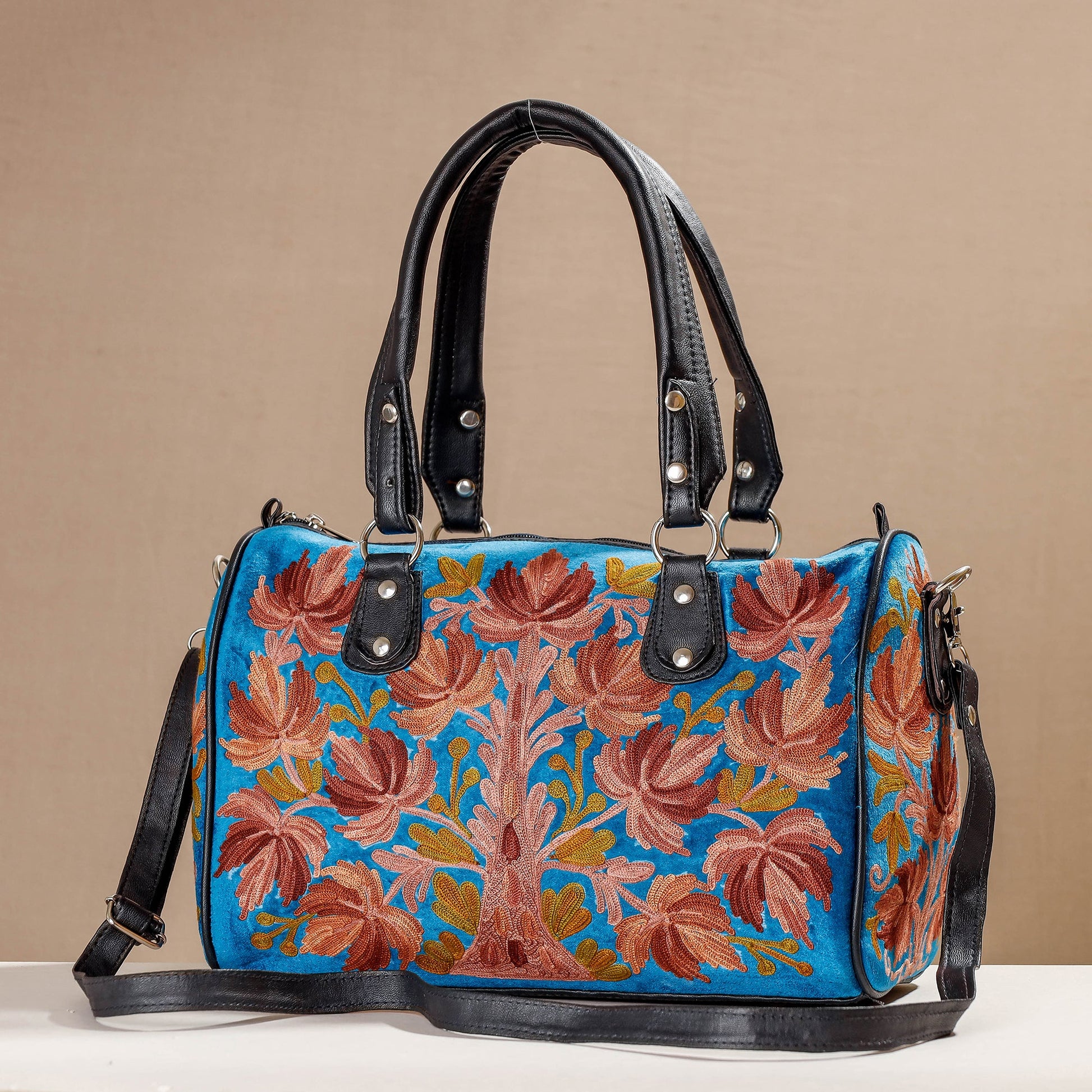 Blue - Crewel Hand Embroidery Leather & Velvet Hand Bag