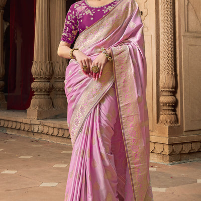 Stunning Baby Pink Banarasi Satin Silk Saree With Energetic Blouse