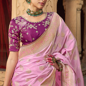 Stunning Baby Pink Banarasi Satin Silk Saree With Energetic Blouse