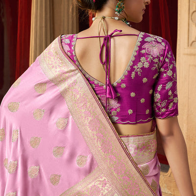Stunning Baby Pink Banarasi Satin Silk Saree With Energetic Blouse