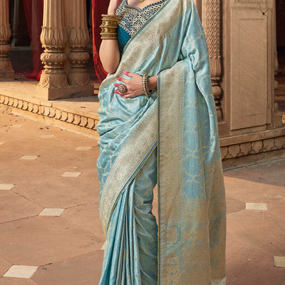 Stunning Sky Banarasi Satin Silk Saree With Energetic Blouse