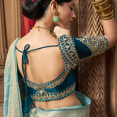 Stunning Sky Banarasi Satin Silk Saree With Energetic Blouse