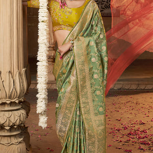 Stunning Green Banarasi Satin Silk Saree With Energetic Blouse