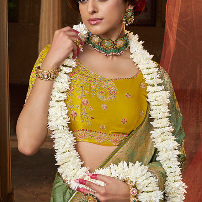 Stunning Green Banarasi Satin Silk Saree With Energetic Blouse