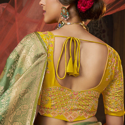 Stunning Green Banarasi Satin Silk Saree With Energetic Blouse