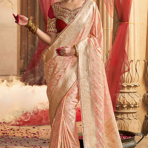 Stunning Peach Banarasi Satin Silk Saree With Energetic Blouse