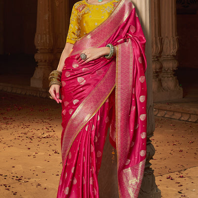 Stunning Dark Pink Banarasi Satin Silk Saree With Energetic Blouse