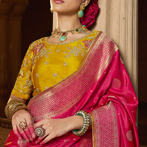 Stunning Dark Pink Banarasi Satin Silk Saree With Energetic Blouse