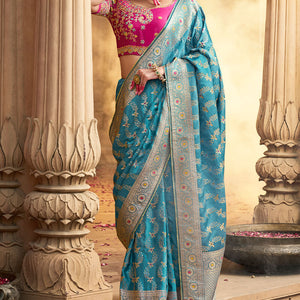 Stunning Firozi Banarasi Satin Silk Saree With Energetic Blouse