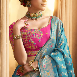 Stunning Firozi Banarasi Satin Silk Saree With Energetic Blouse