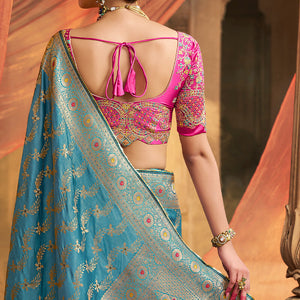 Stunning Firozi Banarasi Satin Silk Saree With Energetic Blouse