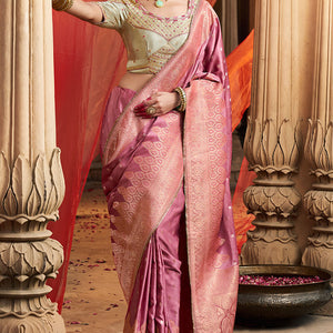 Stunning Pink Banarasi Satin Silk Saree With Energetic Blouse