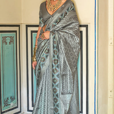 Lassitude Grey Digital Printed Soft Silk Saree With Desiring Blouse Piece