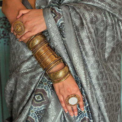 Lassitude Grey Digital Printed Soft Silk Saree With Desiring Blouse Piece