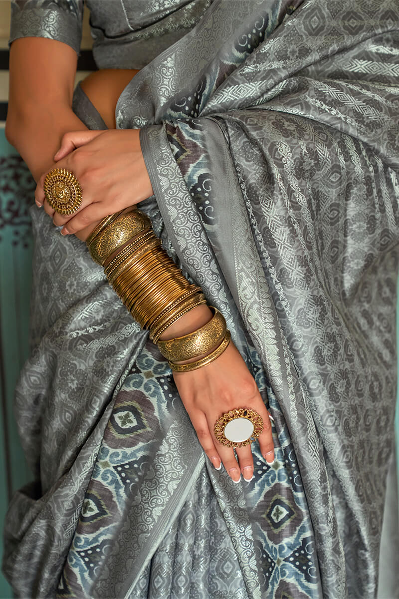 Lassitude Grey Digital Printed Soft Silk Saree With Desiring Blouse Piece
