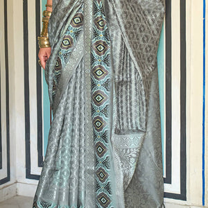Lassitude Grey Digital Printed Soft Silk Saree With Desiring Blouse Piece